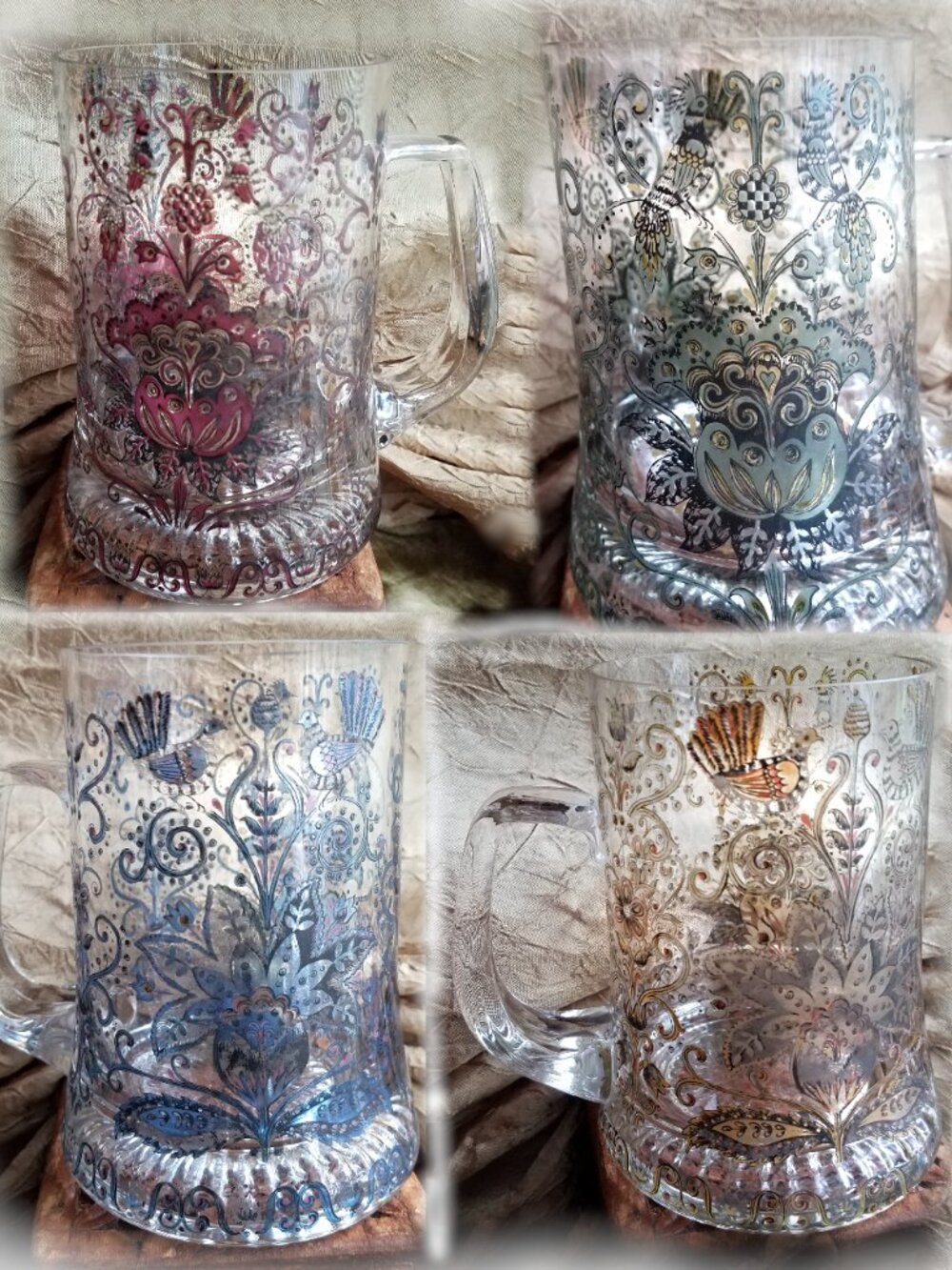 Nachtmann Vintage Bavaria Germany Hand-Enameled Glass Beer Mugs Steins, Set of 4